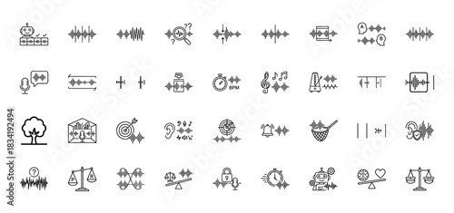 Audio and voice technology line icon set. Vector pictograms of sound waves, microphone, robot, equalizer, ear, metronome, player, dna and lock, thin linear illustration.
