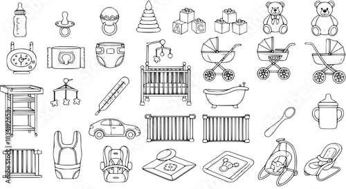 Hand Drawn Baby and Newborn Essentials Outline Icons Collection: Vector Sketch of Infant Care Items, Toys, Furniture, and Accessories