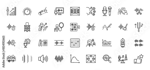 Audio production line icon set. Vector pictograms of microphone, waveform, mixer, equalizer, speaker, studio booth, tuning fork, thin linear illustration.