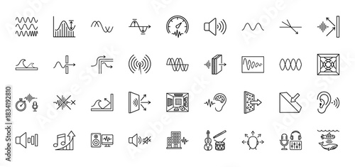 Acoustics and sound technology line icon set. Vector pictograms of waves, speaker, absorption, and frequency, thin linear illustration.