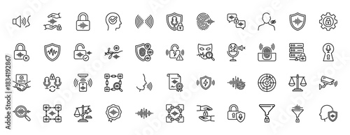 Voice security line icon set. Vector pictograms of sound wave, lock, microphone, shield, voice id, signature, fingerprint, analysis, scan, thin linear illustration.