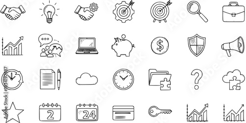 Doodle Business Icons Set. Hand-Drawn Sketchy Vector Illustrations of Finance, Marketing, Startup, and Success Concepts for Web and Mobile Apps.