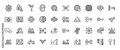 Artificial intelligence and internet of things line icon set. Vector pictograms of machine learning, blockchain, smart home, and autonomous vehicles, thin linear illustration.