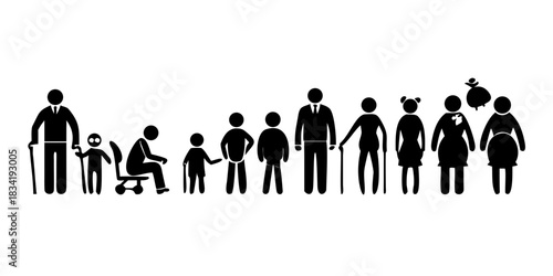 silhouette of Life cycles of man and woman from baby to senior age vector. ICON
