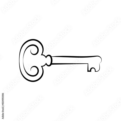 Illustration of an antique key with a fancy head on transparent background silhouette