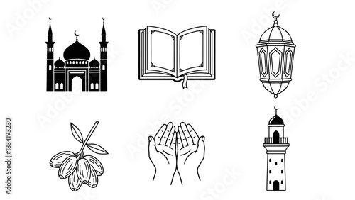 Elegant line art set of Islamic cultural and religious symbols, featuring a mosque, Quran, prayer hands, dates, and lantern, perfect for various design projects