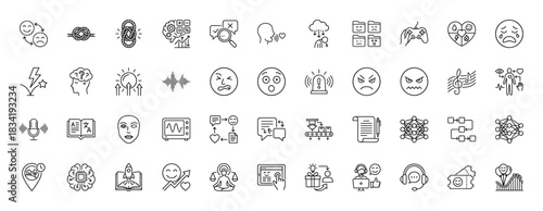 Emotion, feeling, and artificial intelligence line icon set. Vector pictograms of psychology, connection, brain, and technology, thin linear illustration.