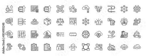 Artificial intelligence and machine learning line icon set. vector pictograms of big data, cloud computing, and neural networks, thin linear illustration.