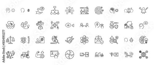 Artificial intelligence and cognitive development line icon set. Vector pictograms of machine learning, data processing, and human-computer interaction, thin linear illustration.