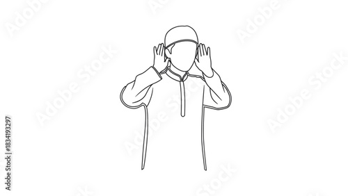 Simple line art depicting a male figure initiating a sacred ritual, hands elevated to ears in a gesture of profound respect