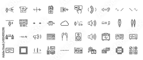 Audio engineering line icon set. Vector pictograms of microphone, equalizer, speaker, and waveform, thin linear illustration.