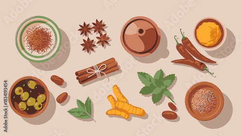 Culinary Spice Assortment A Colorful Flatlay of Aromatics for Cooking and Flavoring Dishes