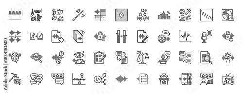 Sound processing line icon set. Vector pictograms of waveforms, microphone, instruments, noise control, voice recognition, equalizer and volume, thin linear illustration.
