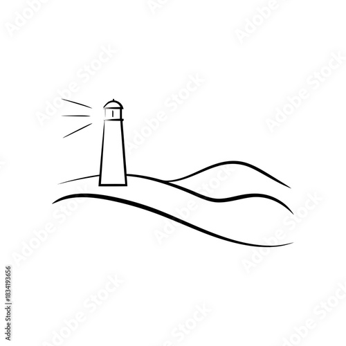Simple line drawing of a lighthouse on the coast on transparent background silhouette