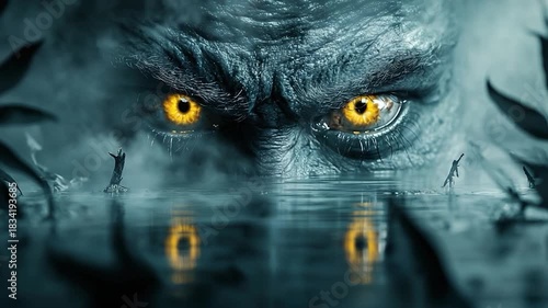 Eerie Monster Emerges from Water with Glowing Eyes in Dark Fantasy Scene.