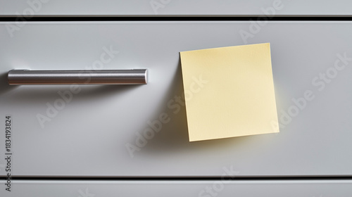 A yellow sticky note is stuck to the inside of a drawer