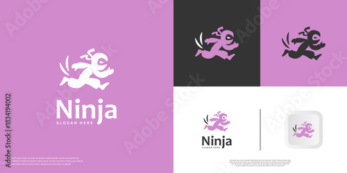 Running ninja logo, cartoon-style hero symbol, vector illustration graphic.