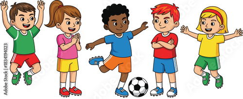 Cartoon children playing soccer, colorful sportswear, joyful teamwork, kicking ball action, outdoor fun, childhood celebration, animated sports scene, happy moment