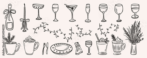 Christmas dinner party doodle set include festive drinks, cocktail, wine, champagne, glassware and holiday celebration tableware. Hand drawn vector collection with hot drink mugs and garlands.