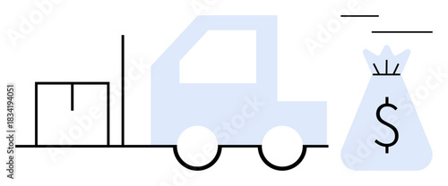 Logistics truck carrying a box alongside a money bag symbolizing delivery, shipping, and financial trade processes. Ideal for e-commerce, supply chain, business strategy, financial management, cargo