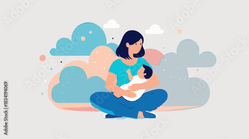Mother and Child: A tender illustration depicts a mother cradling her infant, embodying maternal love. The scene evokes a sense of protection. 