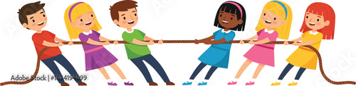 Cartoon children playing tug-of-war, colorful teamwork, rope pulling game, joyful competition, active fun, outdoor activity, childhood sports, animated energy