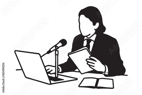  Person in suit speaking at a podium with laptop and notes for presentation or lecture