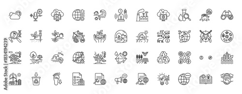 Environmental and climate change line icon set. Vector pictograms of global warming, pollution, renewable energy, deforestation, sustainability, thin linear illustration.