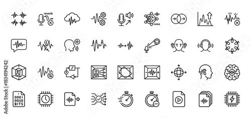 Audio technology line icon set. Vector pictograms of sound wave, microphone, speaker, headphones, voice, acoustics, and signal processing. Thin linear illustration.