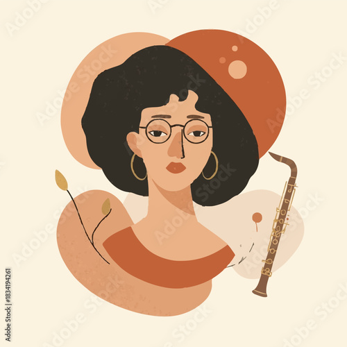 Artistic Musician with musical instrument: A female musician, radiating an aura of artistic serenity, is accompanied by a musical instrument, each element harmonizing to create a visual symphony.