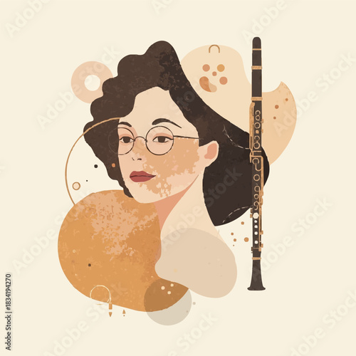 The Clarinet Serenade: An illustration that captures the essence of a female musician, adorned with glasses and a stylish haircut, and surrounded by abstract shapes.