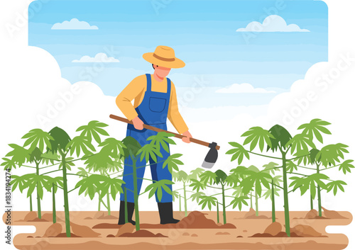 Farmer in straw hat hoeing soil between rows of green leafy plants under blue sky