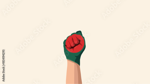 Bangladesh Hand Gesture: A fist raised high, embodying strength, unity, and the spirit of a nation, with a painted hand displaying the colors of Bangladesh's flag.