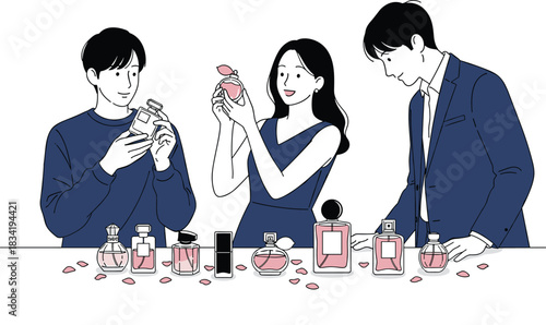 Fashionable people exploring perfume collection, stylish fragrance showcase, luxury scent bottles, elegant retail display, beauty product interaction,