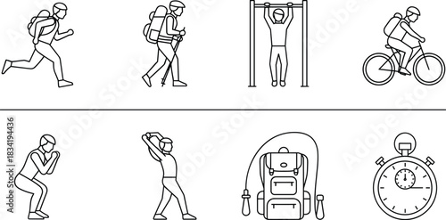 Fitness activity icons, running, hiking, pull-up, cycling, squatting, golf swing, backpack, stopwatch, black and white line illustrations