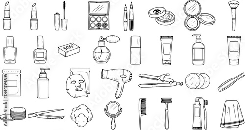 Hand-Drawn Doodle Sketch Icons Set of Beauty, Cosmetics, and Personal Care Products for Daily Routine, Hygiene, and Grooming on White Background