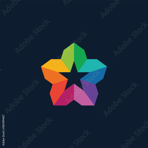Dynamic multicolored star logo with a modern faceted design, showcasing a vibrant rainbow gradient in an intricate geometric pattern, representing excellence and innovation