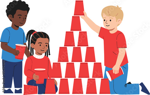 Happy diverse children playing together building tall red plastic cup tower, teamwork activity, fun learning game indoors, creative kids stacking cups, playful cooperation challenge