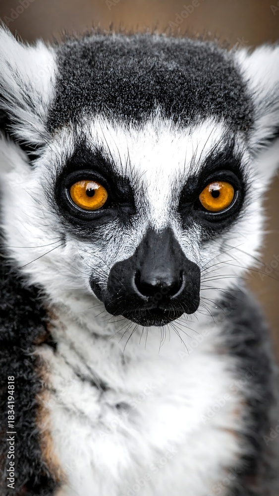 Fototapeta premium Close-up of a lemur with striking orange eyes and distinct black and white facial markings. Soft focus background enhances focus on the primate