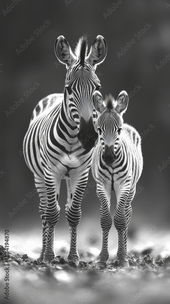 Obraz premium A black-and-white photo of two zebras in nature emphasises the contrast and unity of wildlife, fitting perfectly into the background of presentations on biodiversity or animal conservation projects.
