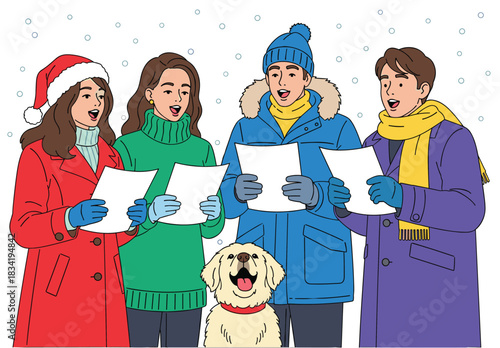 Happy group of people singing Christmas carols outdoors in winter, holiday celebration, snowy weather, festive illustration with dog