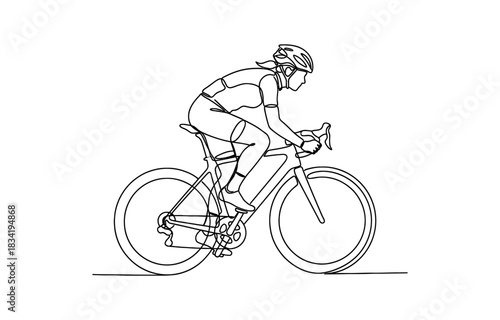 Young female cyclist in action, One continuous line drawing young sporty woman bicycle racer pedaling her bike so fast. Isolated on transparent background