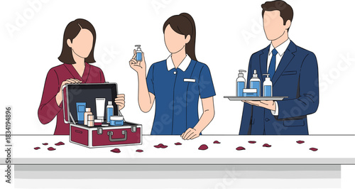 Skincare professionals presenting cosmetic products, beauty consultation, luxury skincare display, rose petal decor, spa retail interaction, elegant product showcase