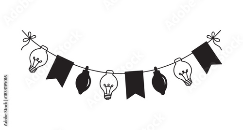  Hand drawn doodle style garland of light bulbs and flags on white background