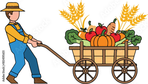 Farmer pulling a wooden cart full of harvest vegetables fruits and wheat stalks