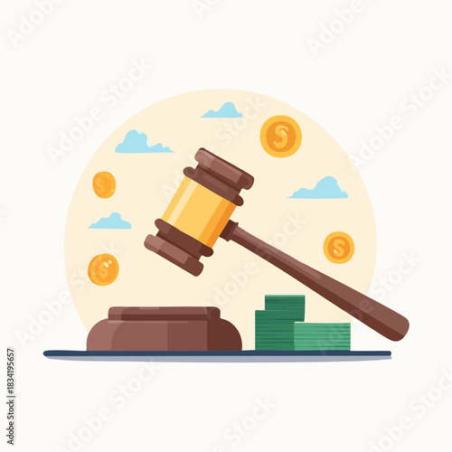Auction Gavel and Money Stack with Coins and Clouds in a Flat Design Illustration
