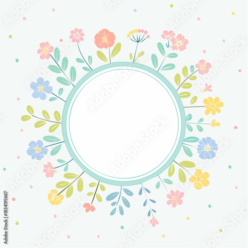 Round floral wreath with delicate pastel flowers and leaves on a light blue dotted background perfect for invitations or cards