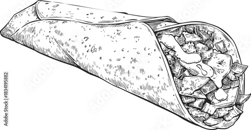 Burrito sketch hand drawn with detailed tortilla and filling. Vector illustration