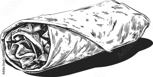Burrito sketch hand drawn style with detailed tortilla wrap and filling. Vector illustration