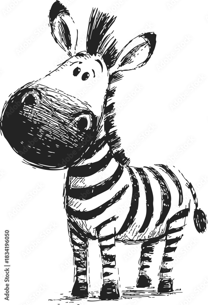 Naklejka premium Zebra cartoon sketch, hand drawn style, cute smiling animal with big nose. Vector illustration